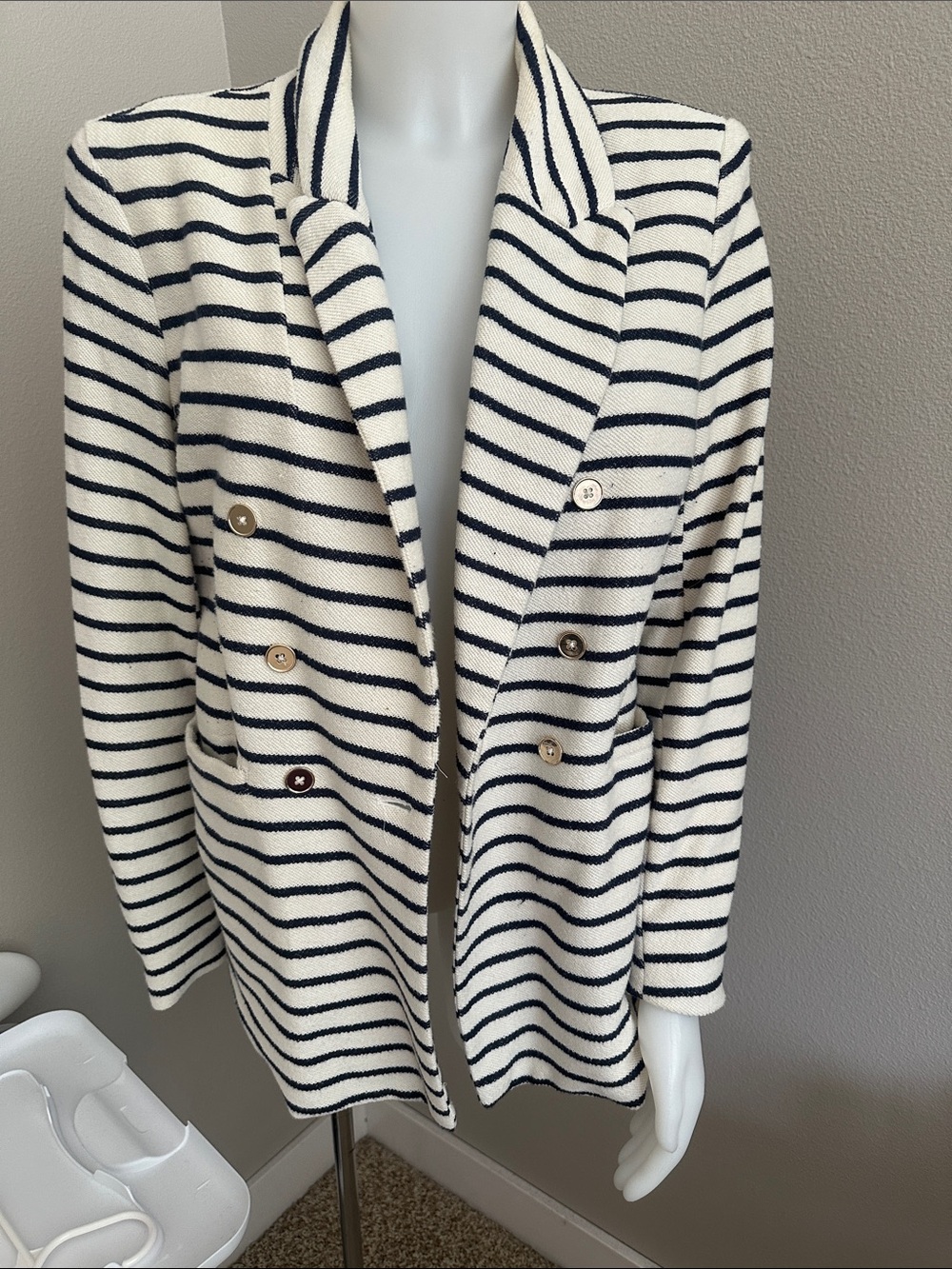 Joie Striped Double-Breasted Knit Blazer in White & Navy